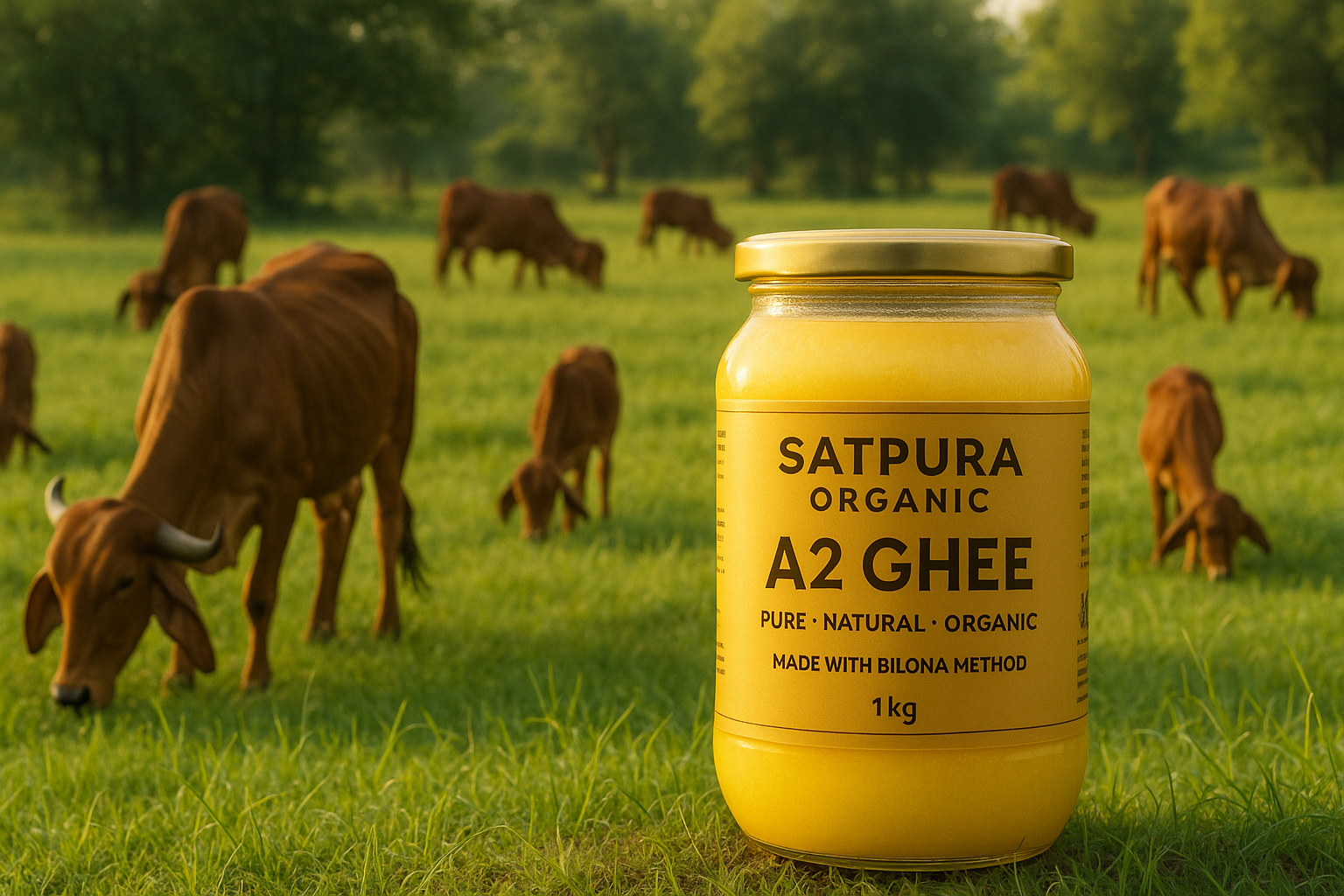 add jar, the label of jar is platic label, golden yellow in colour. company branding of satura organic . a2 ghee that is pure natural  organg make with bilona method 